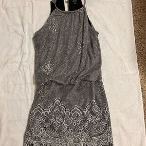SLNY Silver and Black Lace Mini Dress